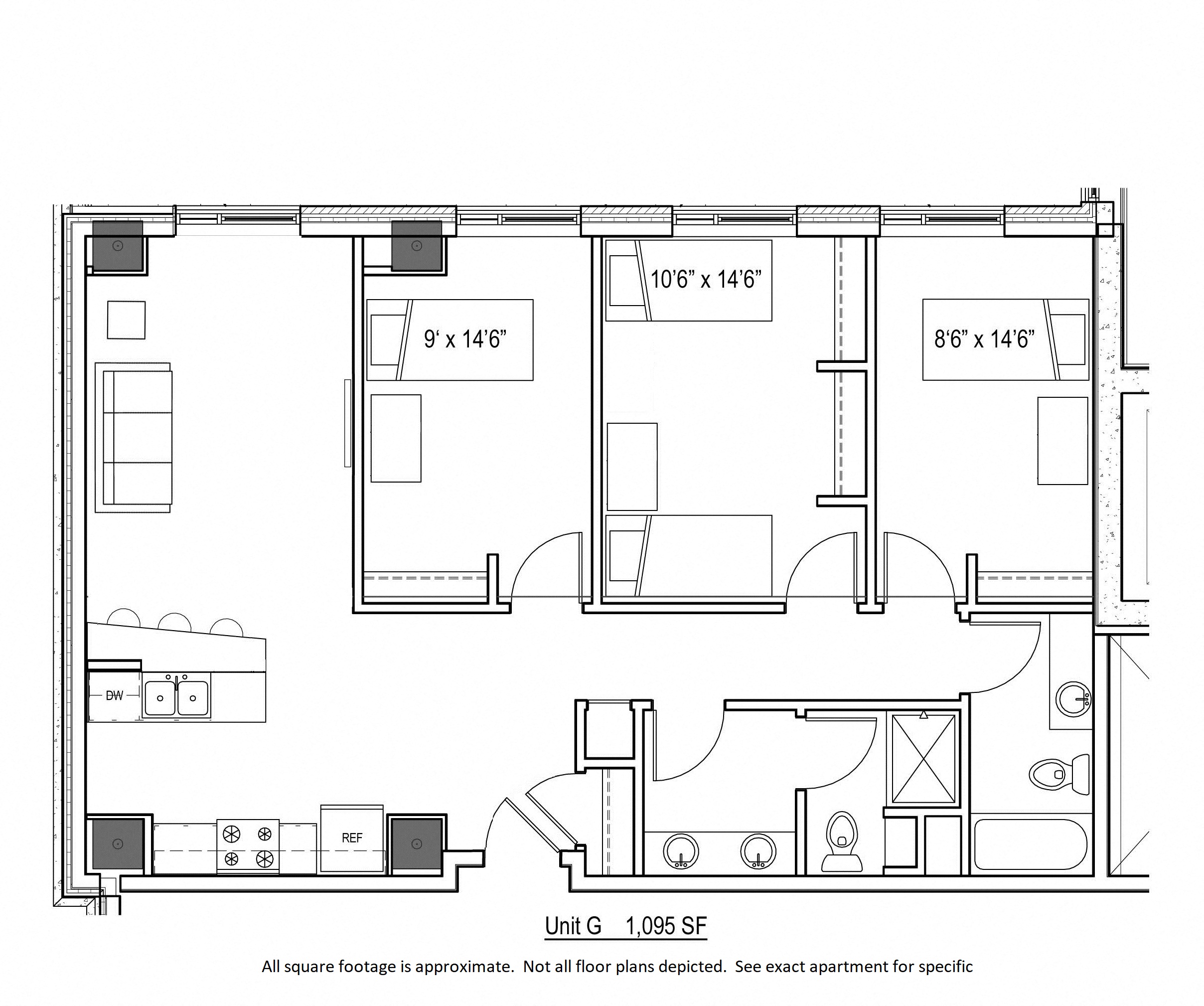 Floor plan for 3 beds, 2 baths, 1095 sqft